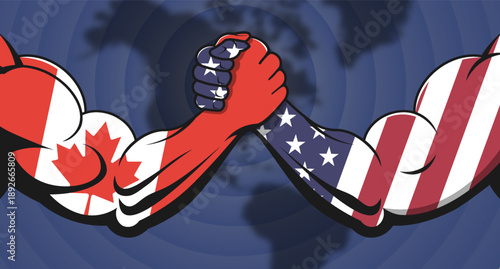 Vector political banner. Arm wrestling. Powerful muscular male arms in colors of flags of Canada and United States. Blurred map of north America background. Confrontation. Mexican and american poster