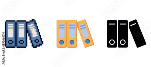 Pixelated and illustrated office binders icon set in blue and orange