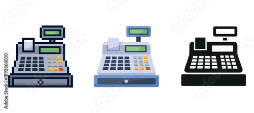 Set of three cash register icons in various styles and colors