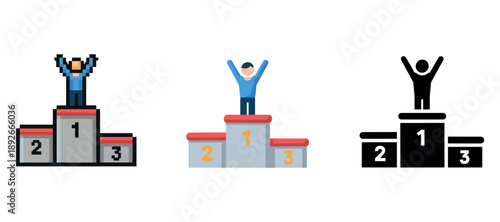 Pixelated triumph: geometric podium victory with figures celebrating wins