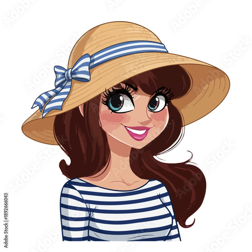 Cute cartoon illustration of a young woman with long brunette hair wearing a stylish straw sun hat , flat vector style isolated on white background.
