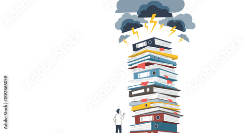 Huge Stack of Colorful Office Binders and Document Folders Under Dark Storm Clouds with Lightning Flashes