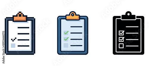 Set of three checklist icons with checkmarks on clipboards in various styles