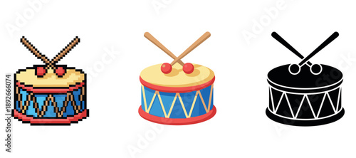 Three drum icons: pixel, colorful, and silhouette versions with sticks
