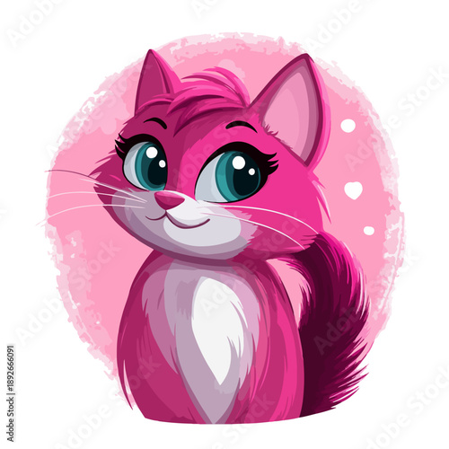 Cute pink cat vector character with big blue eyes. Adorable kitten illustration in cartoon style for kids design, greeting cards and nursery decor.