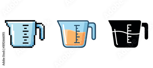 Three measuring cups: pixelated, illustrated, and silhouette styles