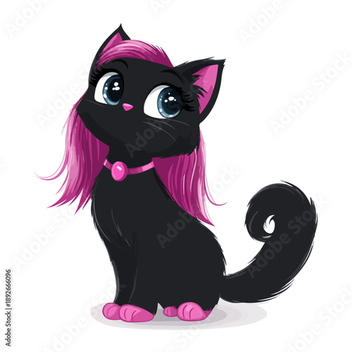 Cute black cat vector character with pink hair and big blue eyes. Adorable kitten illustration in cartoon style for kids design and nursery decor.