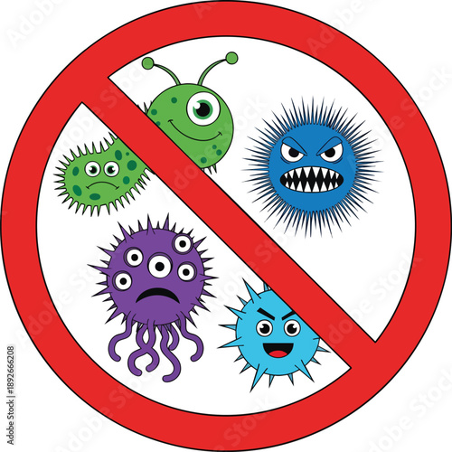 Cute Germ Characters in Red Warning Circle, Infection Prevention