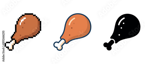 Pixel, cartoon, and silhouette chicken drumstick icons on white background