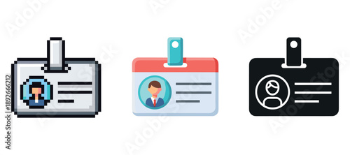 Set of diverse id badge icons with clip and portraits for identification use