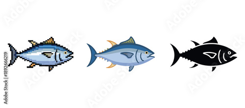 Pixel, cartoon, and silhouette tuna fish art on white background