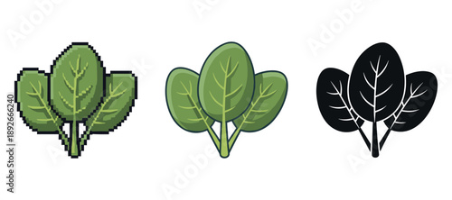 Pixel art, cartoon, and silhouette spinach leaves icons in various styles