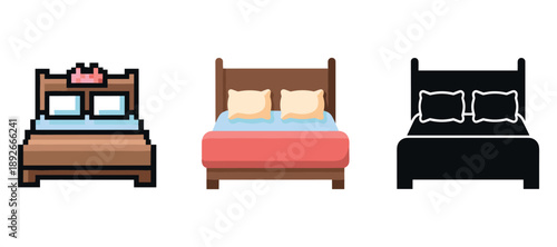 Pixel art and silhouette bed designs with pillows on various beds