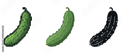 Three cucumber designs: pixel art, realistic, and stylized silhouette