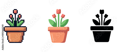 Digital tulip plant icon set: pixel art, flat design, silhouette