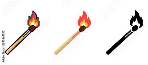 Pixelated, colored, and silhouette matchstick variations with flames