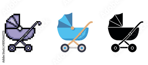Pixel, flat, and silhouette baby stroller icons on white background