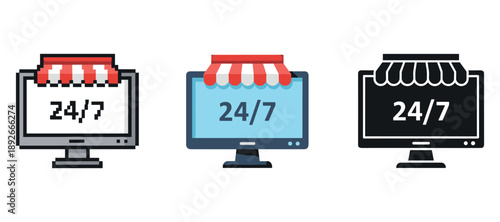 Digital marketplace icons: 24/7 online shopping concepts in flat design