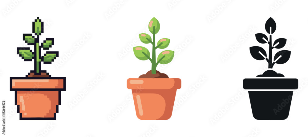 Obraz premium Three styles of potted plant icon: pixel, flat, silhouette
