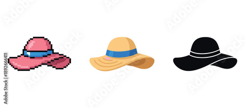 Pixelated, colored, and silhouette women's beach hats in various styles and designs