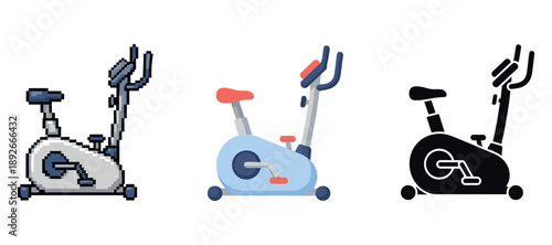 Digital exercise bikes: pixel art, flat design, and silhouette styles