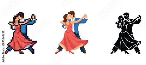 Couples dancing tango in pixel, cartoon, and silhouette styles