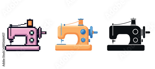 Vintage sewing machines: pixel art, retro style, silhouette designs