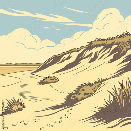 Sandy Beach Dunes Under Summer Sky, Coastal Serenity