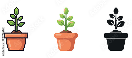 Three styles of potted plant icon: pixel, flat, silhouette
