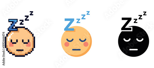 Three sleeping faces with zzz symbols: pixel art, emoji, silhouette