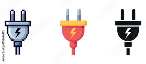 Pixelated, red, and black electric plugs with lightning bolts on white background
