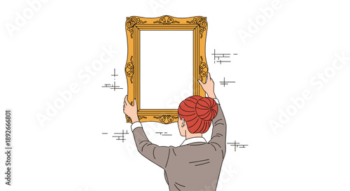 Rear View of a Woman with Red Hair Hanging a Large Ornate Golden Frame on a White Brick Wall