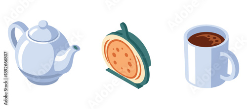 Tea set with kettle, decorated tea cozy, and coffee mug