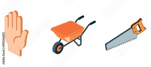 Illustration of hand gesture, wheelbarrow, and saw on white background