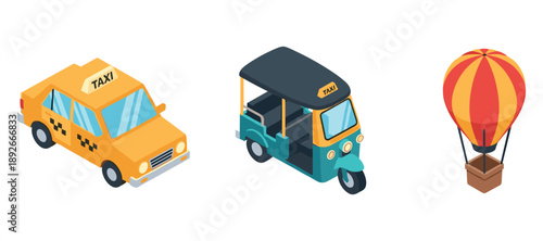 Isometric illustrations of taxi car, tuk-tuk, and hot air balloon