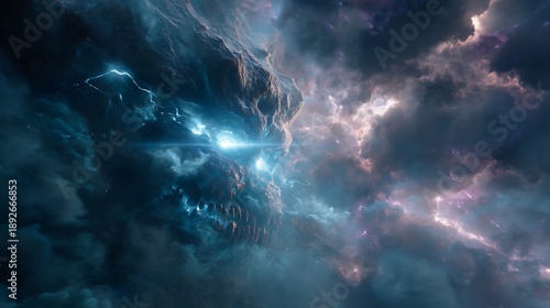 enormous alien beast breaking through dimensional rift, its body shimmering with nebula textures and plasma streams, hyper-realistic fine art, cinematic depth, 32K resolution, 