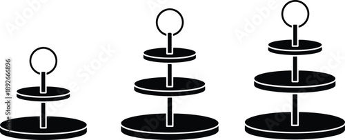 Cartoon silhouette icon set of tiered serving stands with two, three, and four levels for dessert or appetizer display.
