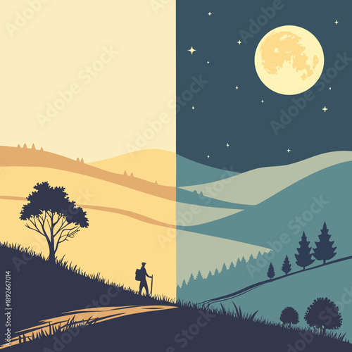 Day and Night Split Landscape Scene - Dual Horizon