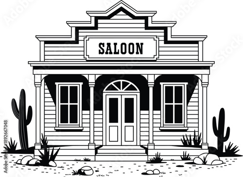Cartoon Western saloon building silhouette with gabled roof, columns, desert plants, and bold signage in frontier style.