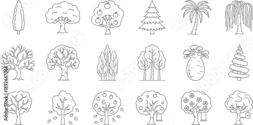 Collection of eighteen diverse black and white line art icons representing various types of trees and natural elements for design