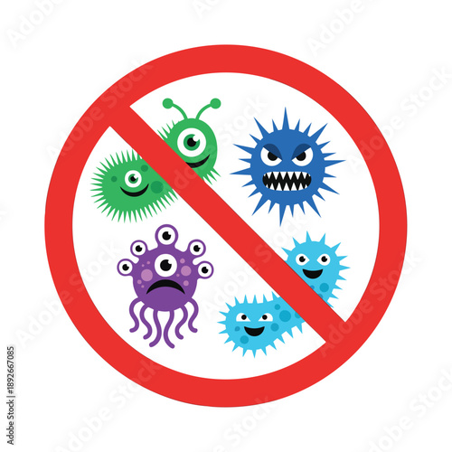 No Germs Sign with Cartoon Bacteria Characters Vector