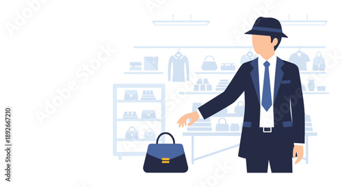 Businessman in Suit and Hat Reaching for a Blue Handbag in a Retail Store Setting with Shelves