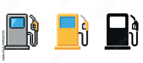 Pixelated, flat, and silhouette gas pump icons on white background