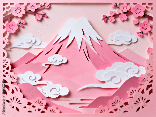 Pink Paper-cut Mountain View Holiday Illustration