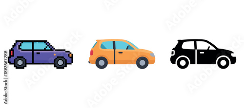 Pixel art, flat design, and silhouette of compact car styles
