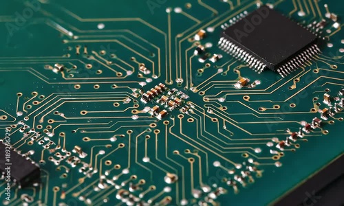 Detailed view of a complex circuit board with microchips and connecting traces