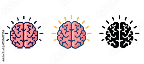 Pixelated and outlined brain icons illustrating creative and analytical thinking
