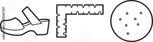 Hand drawn style icons of platform clog shoe with corner ruler and dotted circle shape
