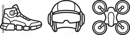 High-top sneaker, virtual reality headset, and drone line art set, modern technology and recreation
