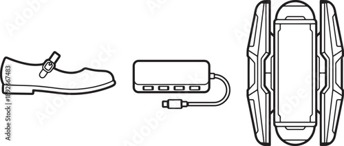 Line art icons of mary jane shoe profile with usb hub adapter and rugged device chassis